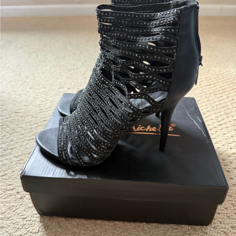 Anne Michelle Black Strappy Rhinestone High Heel Sandals - Picture 2 of 5